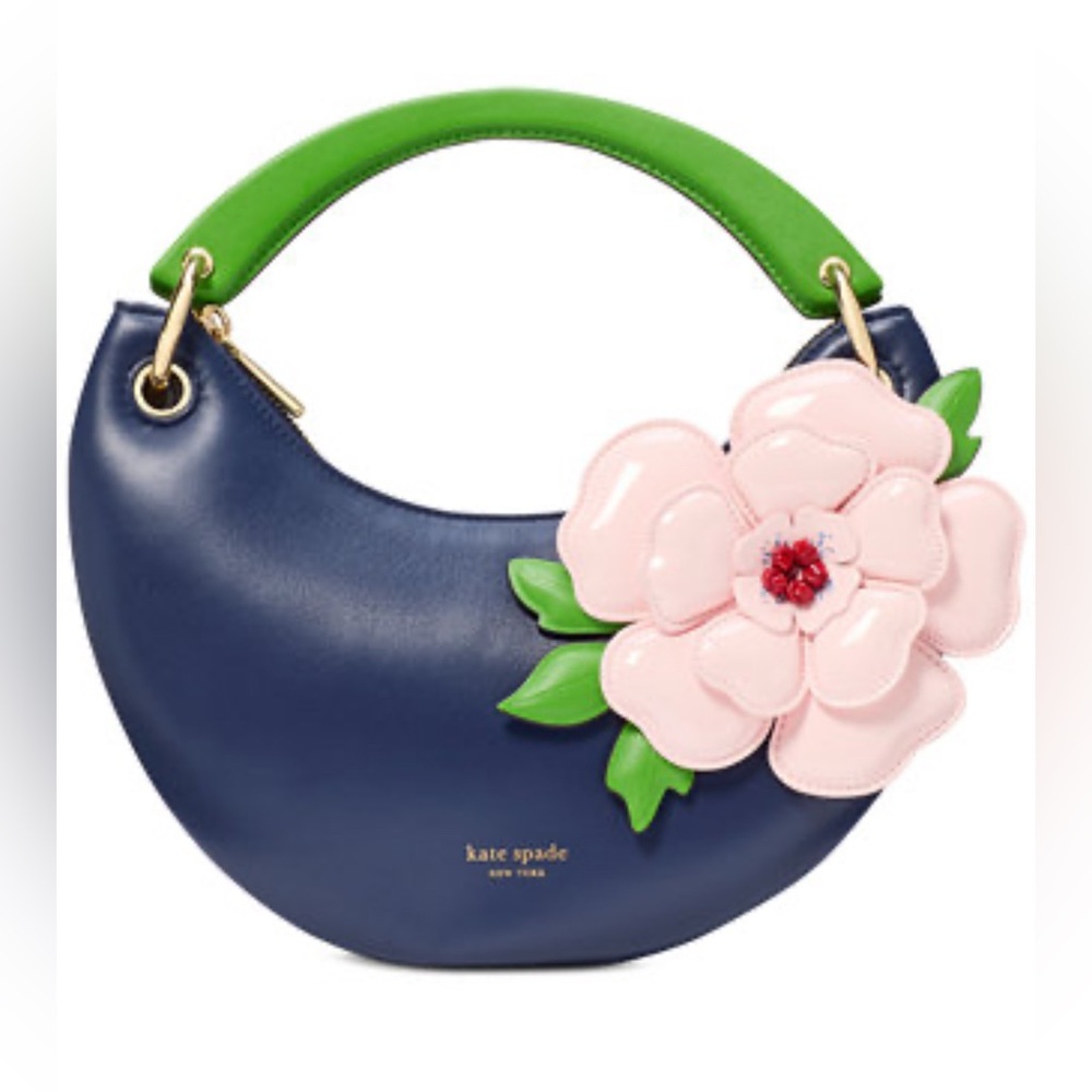 Kate Spade Navy Bag with Green Handle and Pink Floral Accent